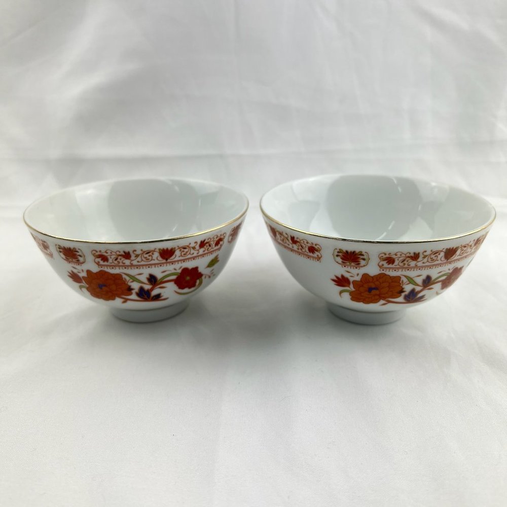 Cathay Xiamen China Set of 2 Gold Trim Floral Rice Porcelain Bowls